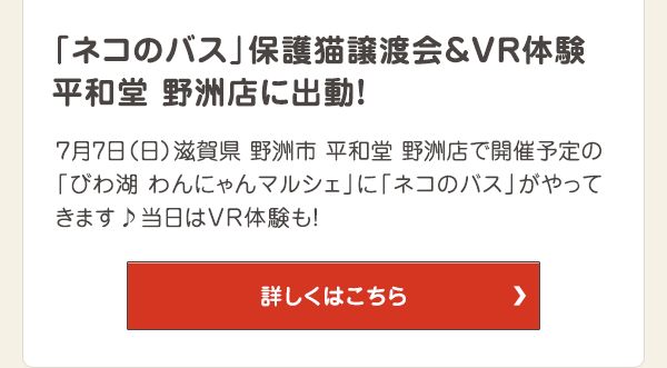 「ネコのバス」保護猫譲渡会＆VR体験平和堂 野洲店に出動！