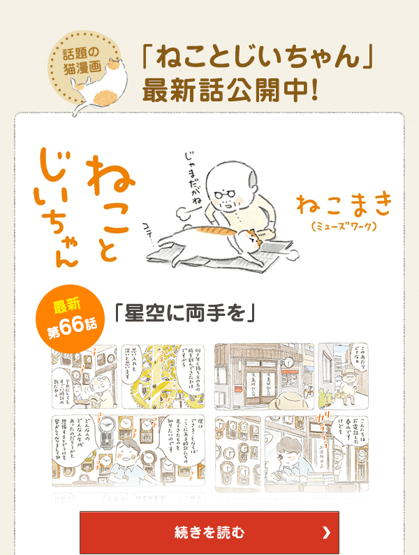 話題の猫漫画「ねことじいちゃん」最新話公開中！ 第66話 星空に両手を