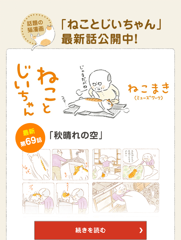 話題の猫漫画「ねことじいちゃん」最新話公開中！ 第69話 秋晴れの空