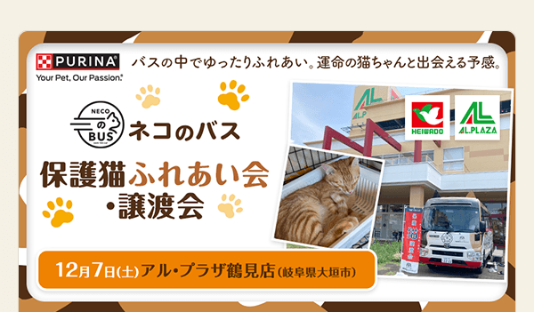 「ネコのバス」保護猫ふれあい会・譲渡会 12月7日（土）アル・プラザ鶴見店（岐阜県大垣市）