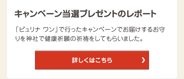 「ピュリナ ワン」で行ったキャンペーンでお届けするお守りを神社で健康祈願の祈祷をしてもらいました。