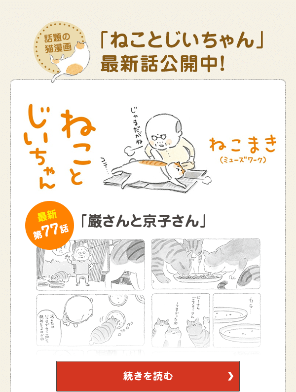 話題の猫漫画「ねことじいちゃん」最新話公開中！ 第77話「巌さんと京子さん」