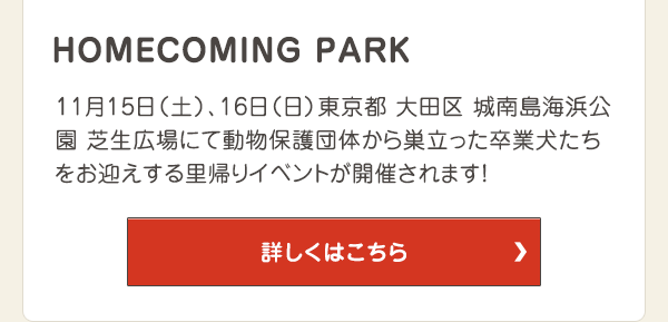 11月15日（土）、16日（日）東京都 大田区 城南島海浜公園 芝生広場にて動物保護団体から巣立った卒業犬たちをお迎えする里帰りイベントが開催されます！